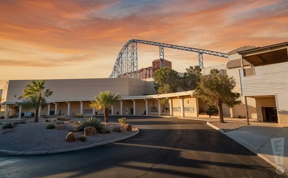 a hyper-realistic wide-angle photograph of star of the desert arena in primm, nevada, captured during the late afternoon under clear desert skies. 