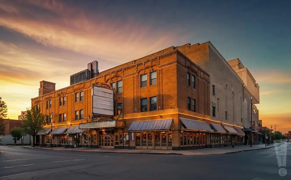 a photograph of the state theatre in kalamazoo, michigan, captured at sunset with warm, golden light illuminating the venue’s historic light brown art deco facade. 