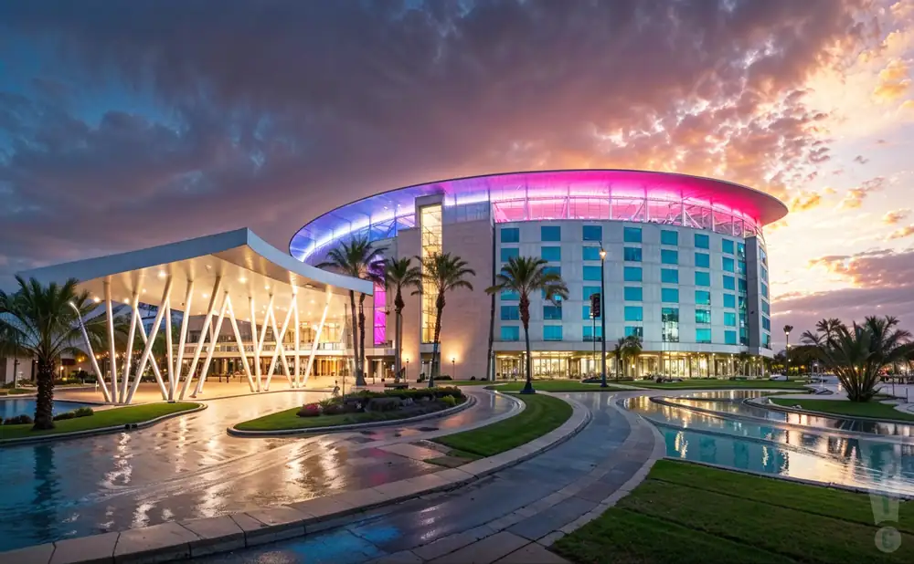  hyper-realistic wide-angle photograph of tachi palace hotel & casino in lemoore, california, captured during sunset with soft pastel skies in pink, lavender, and peach hues. 