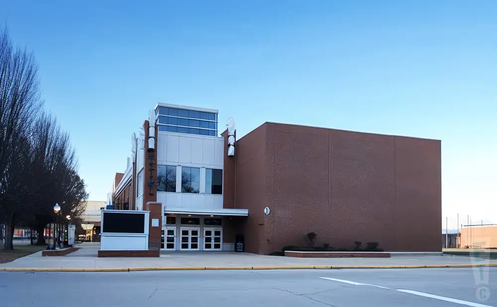 a promotional venue picture of the old national events plaza taken from across the street during the day