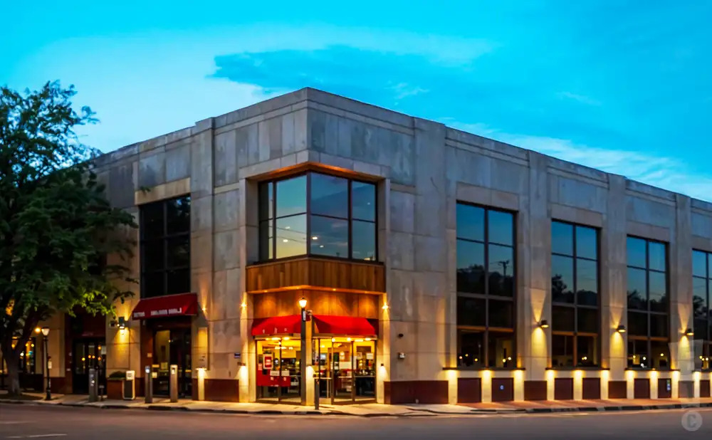 an exterior promotional venue picture of the echo lounge and music hall with a sunset sky