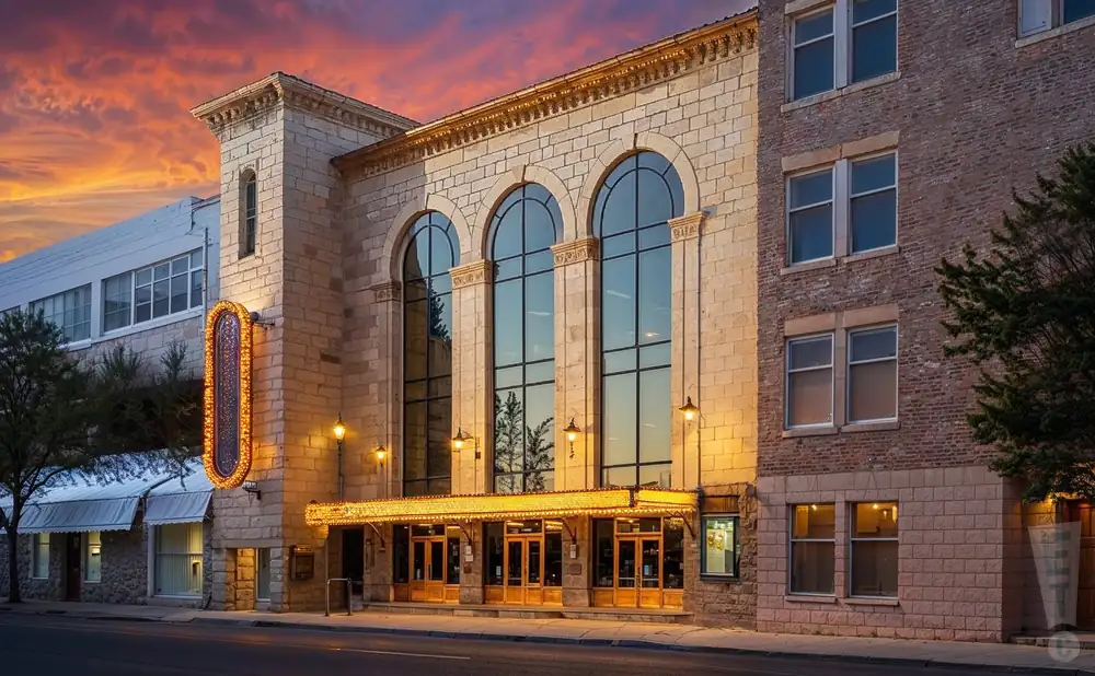 a photograph of the maryland theatre in hagerstown, maryland, captured at sunset with warm, golden light illuminating the venue’s historic brick and stone facade.