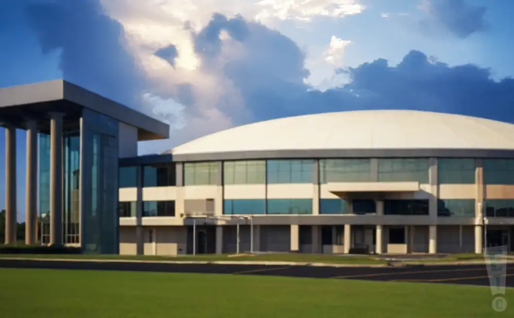 an exterior promotional venue picture of the rapides parish coliseum with a cloudy sky