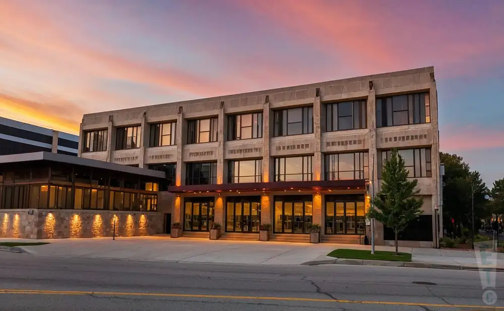 a photograph of the thomas wolfe auditorium at u.s. cellular center in asheville, north carolina, captured at sunset with warm, golden light illuminating the venue’s elegant facade.