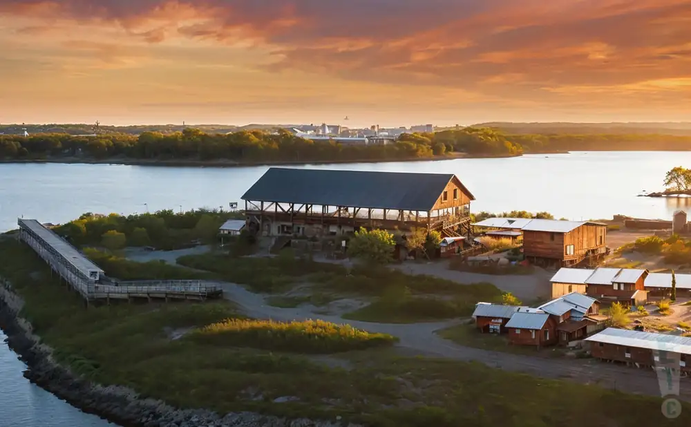 a cinematic ultra-realistic photograph of thompson’s point in portland, maine, captured at sunset. 
