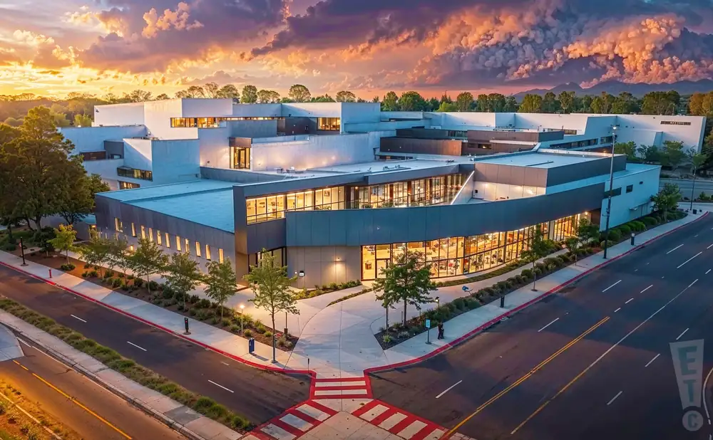 a photograph of von braun center mars music hall in huntsville, alabama, captured at sunset. 