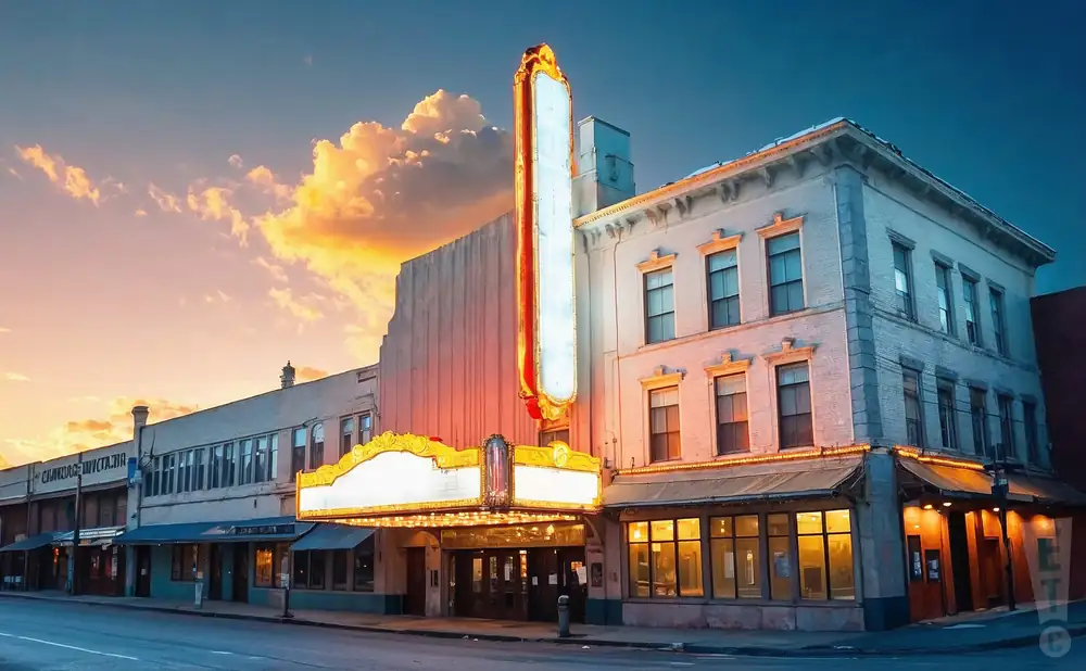 a photograph of the warner theatre in torrington, connecticut, captured at sunset. 