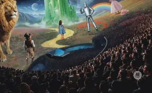A rear view photo of The Wizard of Oz - Immersive Film Experience performing a concert on stage to a lively audience