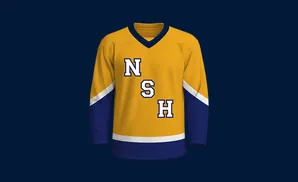 Yellow hockey jersey with blue sleeves and a white stripe on the shoulders, featuring 