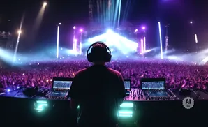 DJ in headphones plays music for a large crowd at a concert with bright stage lights.