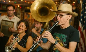 Band playing instruments in a dimly lit room with colorful lights and an American flag.