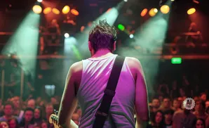 Guitarist on stage in a white tank top with a black strap, performing for a crowd at a concert with stage lights.