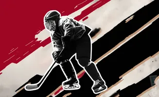 A hockey player in a mask and uniform skates with a stick against a stylized black, red, and cream background.