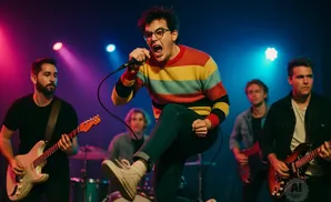 A band performs on stage with vibrant pink and blue lighting. The lead singer is in focus, singing into a microphone.