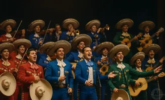 A mariachi band performs, wearing colorful suits and wide-brimmed hats.