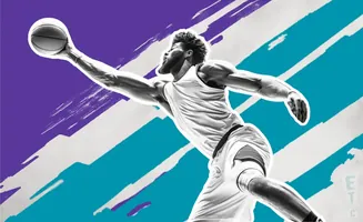A basketball player dunks against a vibrant purple and teal background.