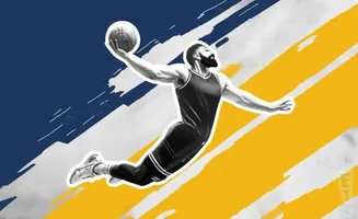 A basketball player dunks on a blue and yellow background.