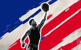 A basketball player dunks with a red, white, and blue background.