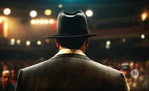 Man in a fedora and suit stands with back to camera, facing a blurred audience and stage lights.