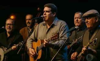 A band of five men playing string instruments and singing on stage.