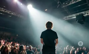 A person with blond hair stands on a stage facing a cheering crowd.