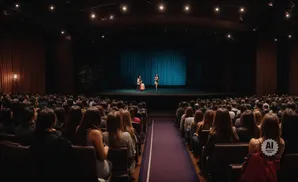 Audience in a dark theater watches two women on stage in front of a blue curtain.