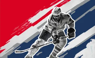 A black and white image of a hockey player in action against a red, white, and blue abstract background.