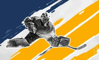 A hockey goalie in full gear makes a save, silhouetted against a background of blue, yellow, and white brush strokes.