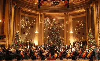 Orchestra performing in a hall decorated for Christmas with trees and lights.
