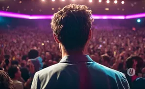 Back view of a man with curly hair facing a large, cheering crowd at a concert.