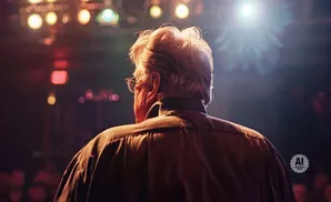Man with glasses and gray hair seen from behind, standing on stage with bright lights above.