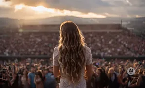 Woman on stage in a white dress, facing a large, blurred crowd at sunset.