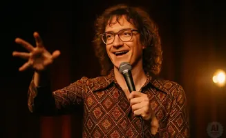A man with curly hair and glasses tells a joke into a microphone on stage.