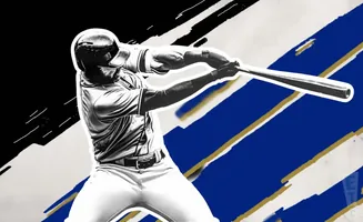 A baseball player swings a bat against a backdrop of black, white, and blue stripes.