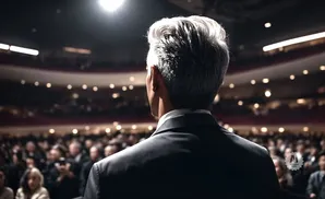 Man with grey hair in a suit, addressing an audience in a theater.