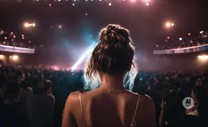 Woman with hair in a bun facing a concert crowd with bright stage lights.