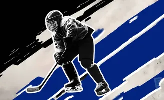 A black and white image of a hockey player in motion on a background with blue and white diagonal stripes.