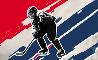 A hockey player in a black and white uniform skates with a stick against a red, white, and blue background with diagonal stripes.