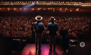 Two men in fedoras stand on a stage facing a large, illuminated audience at a concert.