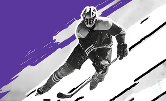 A hockey goalie in a purple and white graphic art style.