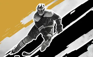 A hockey goalie in a black and white image with a yellow background.
