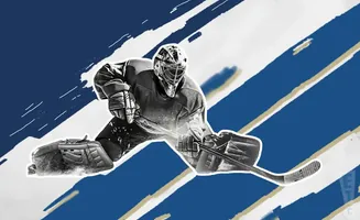 Black and white hockey goalie in a split save on a blue and white abstract background.