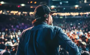 Man in denim jacket and baseball cap looking out at a crowd in a concert venue.