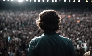 Person with dark, wavy hair facing a large, blurred crowd under bright stage lights.