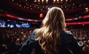 A woman with long blonde hair faces a large, dimly lit audience from a stage.