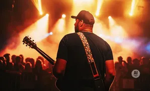 Man in a black shirt and cap plays guitar on stage with orange spotlights and a blurred crowd.