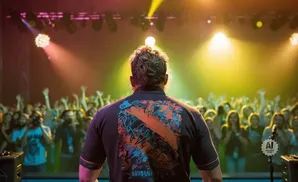 Man on stage faces cheering crowd, illuminated by colorful stage lights.