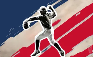 A baseball pitcher throws a ball against a backdrop of red, white, and blue stripes.
