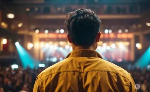 Man in a yellow shirt looks at a brightly lit stage with an audience.