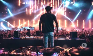 DJ performing for a cheering crowd with a vibrant light show.